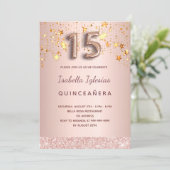 Quinceanera rose gold pink stars balloon script invitation (Standing Front)