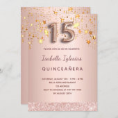 Quinceanera rose gold pink stars balloon script invitation (Front/Back)