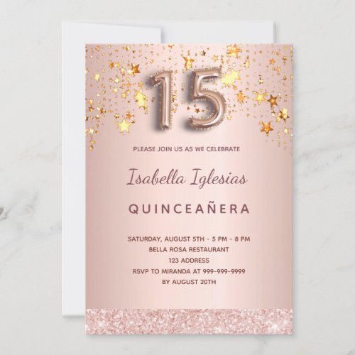 Quinceanera rose gold pink stars balloon script invitation