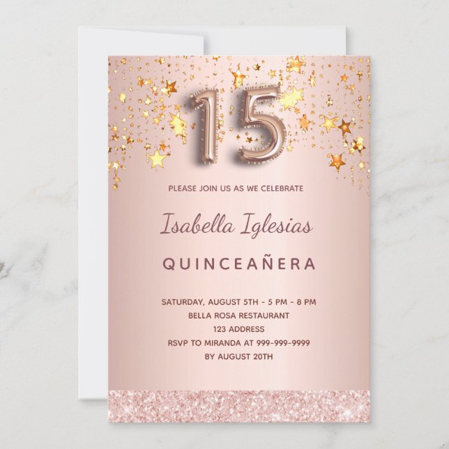 Quinceanera rose gold pink stars balloon script invitation (Front)