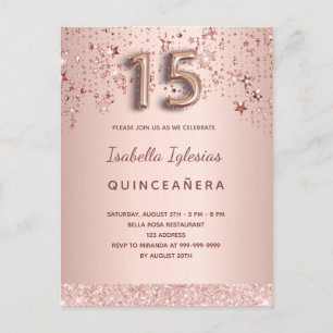 Quinceanera rose gold pink stars balloon script postcard