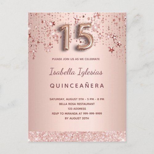 Quinceanera rose gold pink stars balloon script postcard