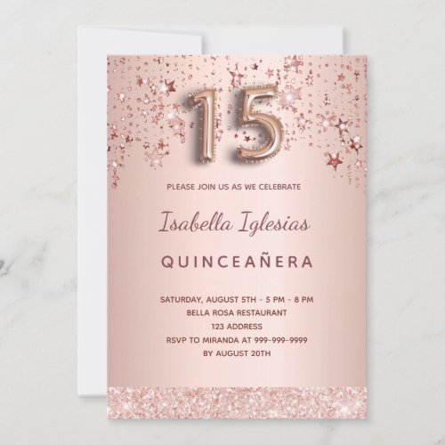 Quinceanera rose gold pink stars glamorous invitation