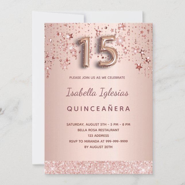 Quinceanera rose gold pink stars invitation (Front)