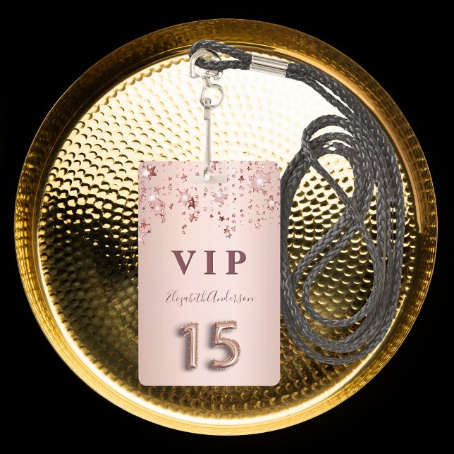 Quinceanera rose gold pink stars party badge (Creator Uploaded)