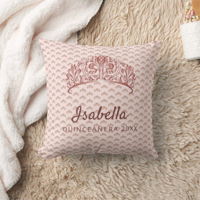 Quinceanera rose gold pink tiara crown monogram throw pillow (Blanket)