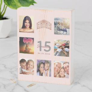 Quinceanera rose gold pink tiara photo wooden box sign