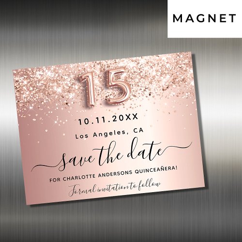 Quinceanera rose gold save the date magnet