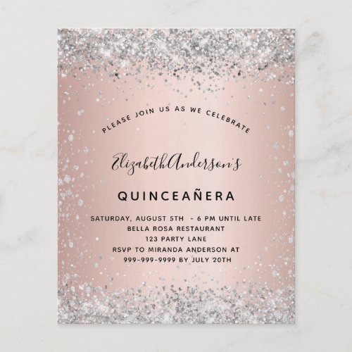 Quinceanera rose gold silver budget invitation flyer