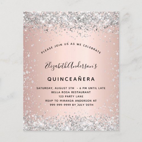 Quinceanera rose gold silver budget invitation flyer