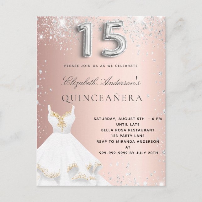 Quinceanera rose gold silver dress sparkles invitation postcard (Front)