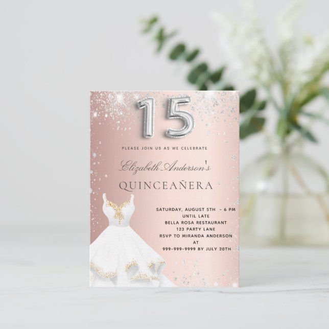 rose gold sparkle dress quinceanera invitation silver sparkles postcard Style:mini