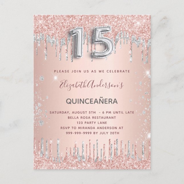 Quinceanera rose gold silver drips invitation postcard (Front)