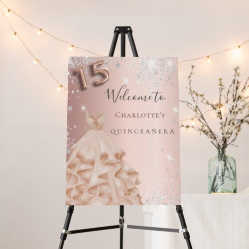 Quinceanera rose gold silver glitter dress welcome foam board