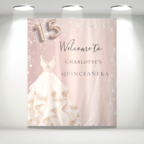 Quinceanera rose gold silver glitter dress welcome tapestry