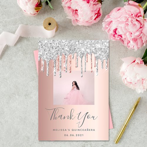 Quinceanera rose gold silver glitter drips photo thank you card