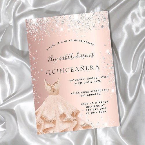 Quinceanera rose gold silver glitter dust dress invitation postcard