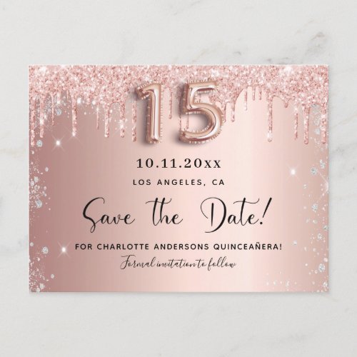 Quinceanera rose gold silver glitter save the date announcement postcard