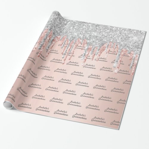 Quinceanera rose gold silver glitter sparkle name wrapping paper