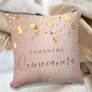 Quinceanera rose gold sparkling stars name throw pillow