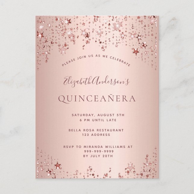 Quinceanera rose gold stars sparkle invitation postcard (Front)
