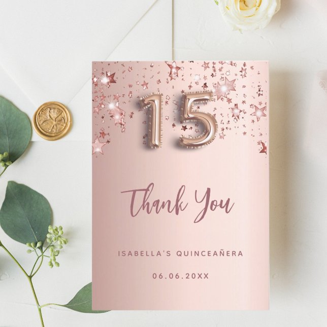 Quinceanera rose gold stars thank you card (Creator Uploaded)