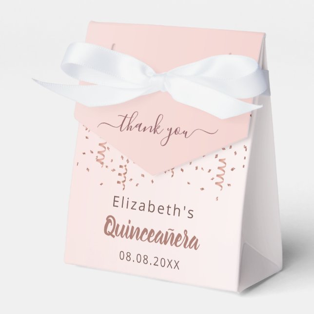 Quinceanera rose gold thank you favor boxes (Front Side)
