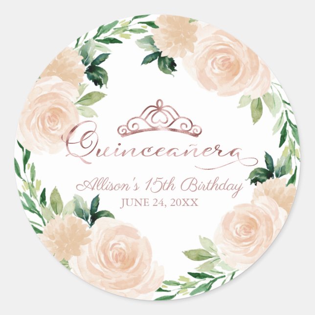 Quinceanera Rose Gold Tiara Blush Pink Floral Classic Round Sticker (Front)