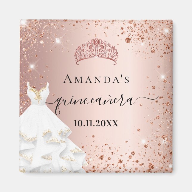 Quinceanera rose gold tiara dress glitter name magnet (Front)