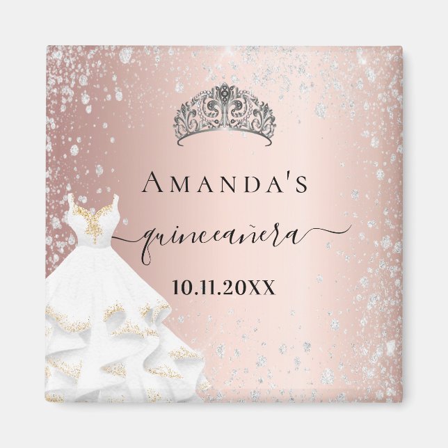 Quinceanera rose gold tiara dress silver glitter magnet (Front)