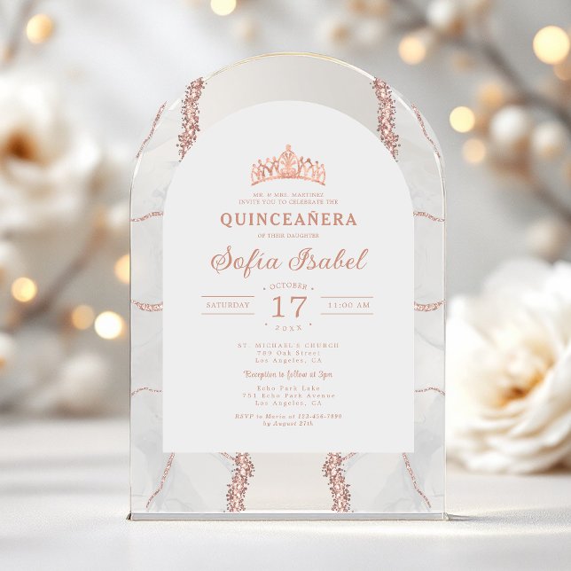 Quinceañera Rose Gold White Agate Elegant Acrylic Invitations (Creator Uploaded)