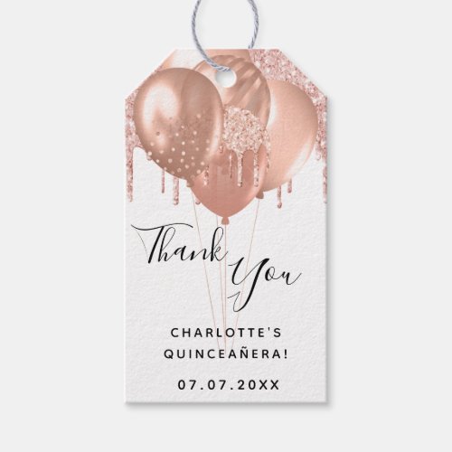 Quinceanera rose gold white balloon thank you gift tags