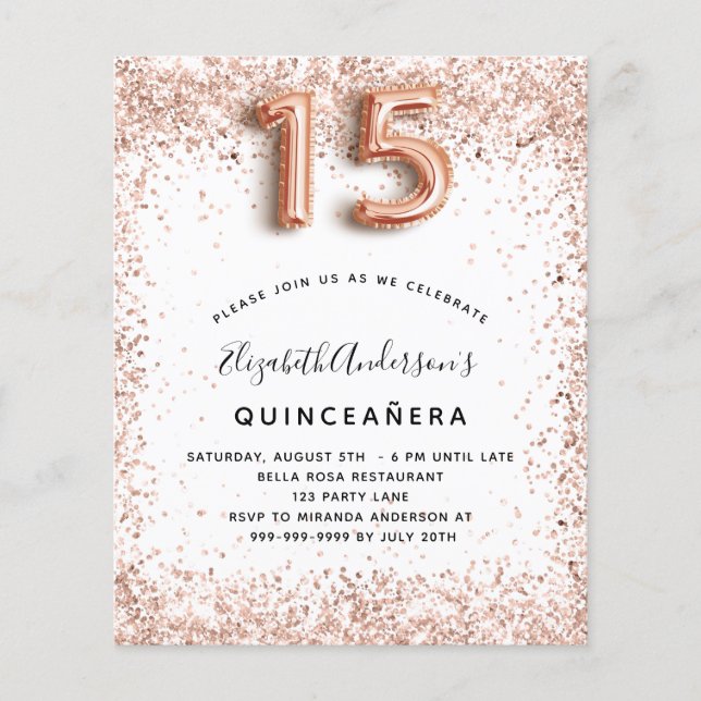Quinceanera rose gold white budget invitation flyer (Front)