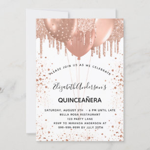 Quinceanera rose gold white glitter balloons invitation