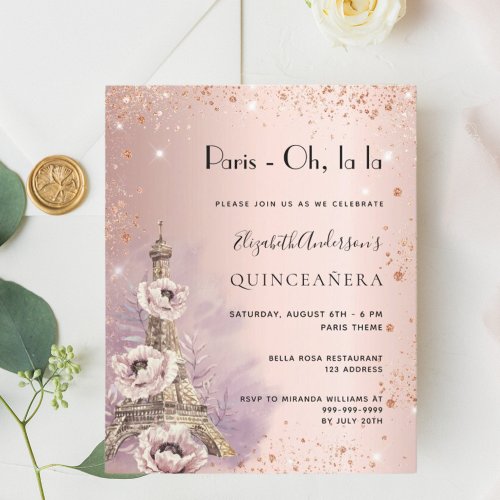 Quinceanera rose Paris Eiffel tower invitation