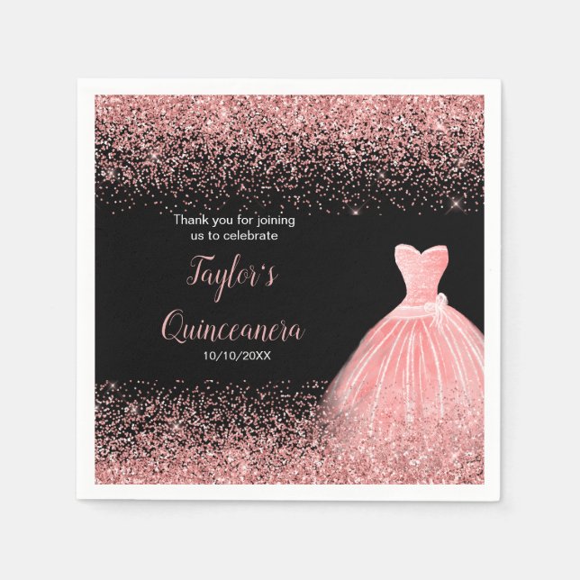 Quinceanera Rose Pink Faux Glitter Birthday Party Napkins (Front)