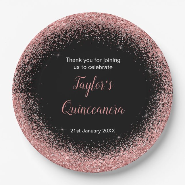 Quinceanera Rose Pink Faux Glitter Birthday Party Paper Plates (Front)