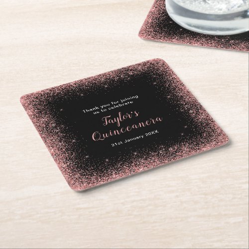 Quinceanera Rose Pink Faux Glitter Birthday Party Square Paper Coaster