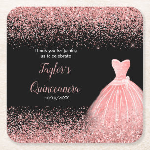 Quinceanera Rose Pink Faux Glitter Birthday Party Square Paper Coaster