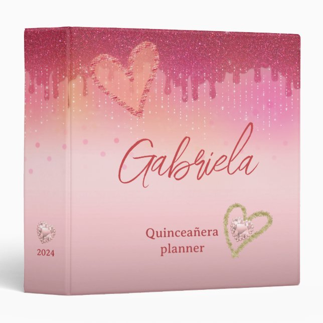 Quinceañera Rose Pink Glitter Drip Custom Photo 3 Ring Binder (Front/Spine)