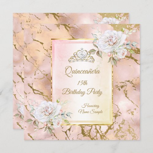 Quinceanera Rose Pink Gold Birthday Party Invite