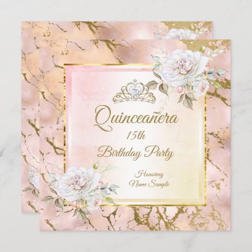 Quinceanera Rose Pink Gold Birthday Party Invite 2