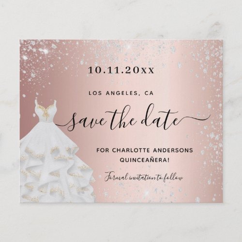 Quinceanera rose silver dress budget save the date flyer
