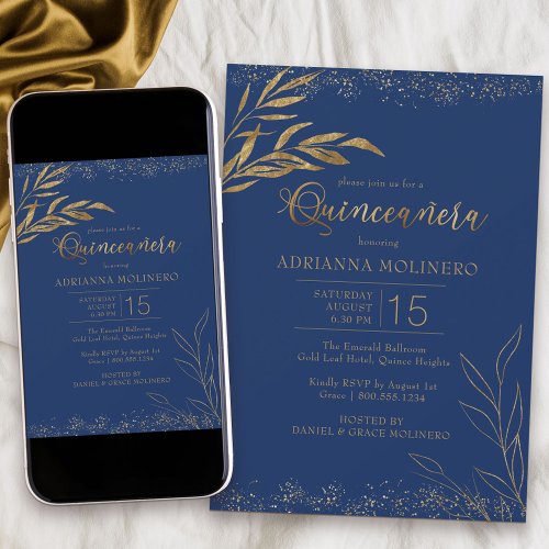 Quinceanera Royal Blue and Gold Leaf Elegant Invitation