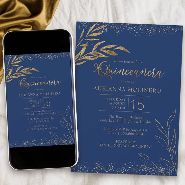 Quinceanera Royal Blue and Gold Leaf Elegant Invitation (Modern Quinceanera invitation in blue from my Gold Leaf Collection
)