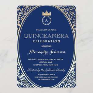 Quinceanera Royal Blue and Gold Princess Monogram Invitation