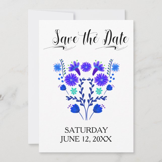 Quinceanera Royal Blue and Purple Mexican Floral Save The Date (Front)