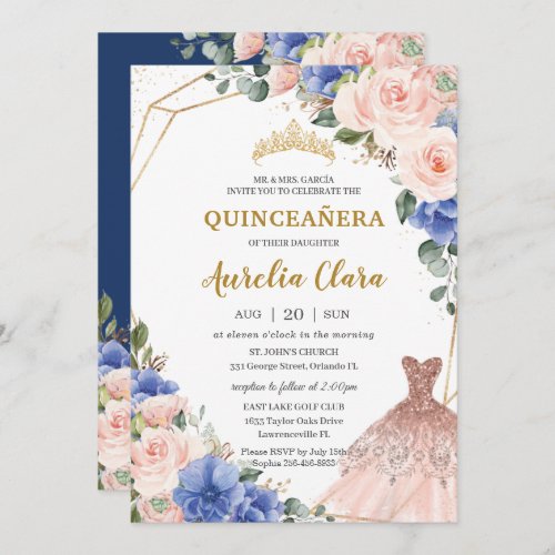 Quinceaera Royal Blue Blush Floral Ball Gown  Invitation