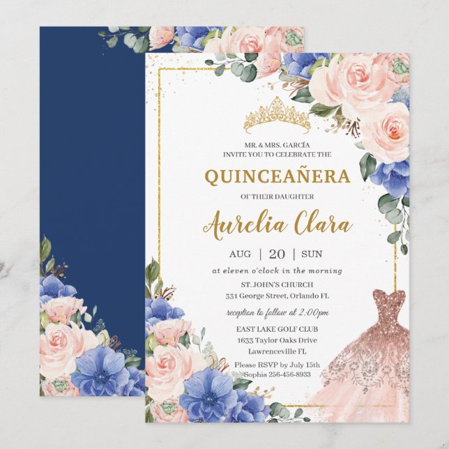 Quinceañera Royal Blue Blush Floral Dress Tiara Invitation (Front/Back)