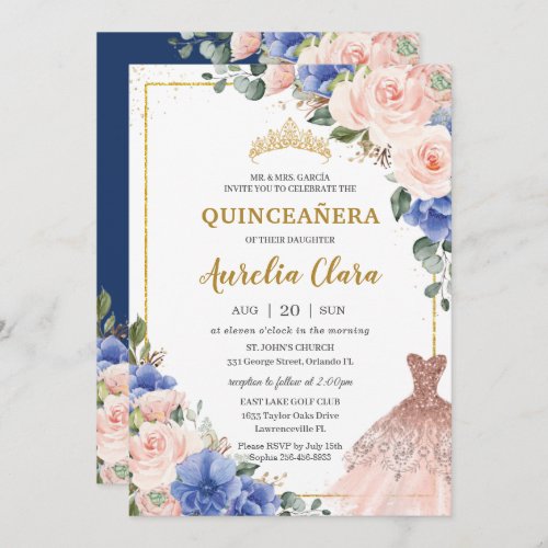 Quinceaera Royal Blue Blush Floral Dress Tiara Invitation